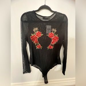 Sheer long sleeve bodysuit, plus size (0X), black, floral sequin red print